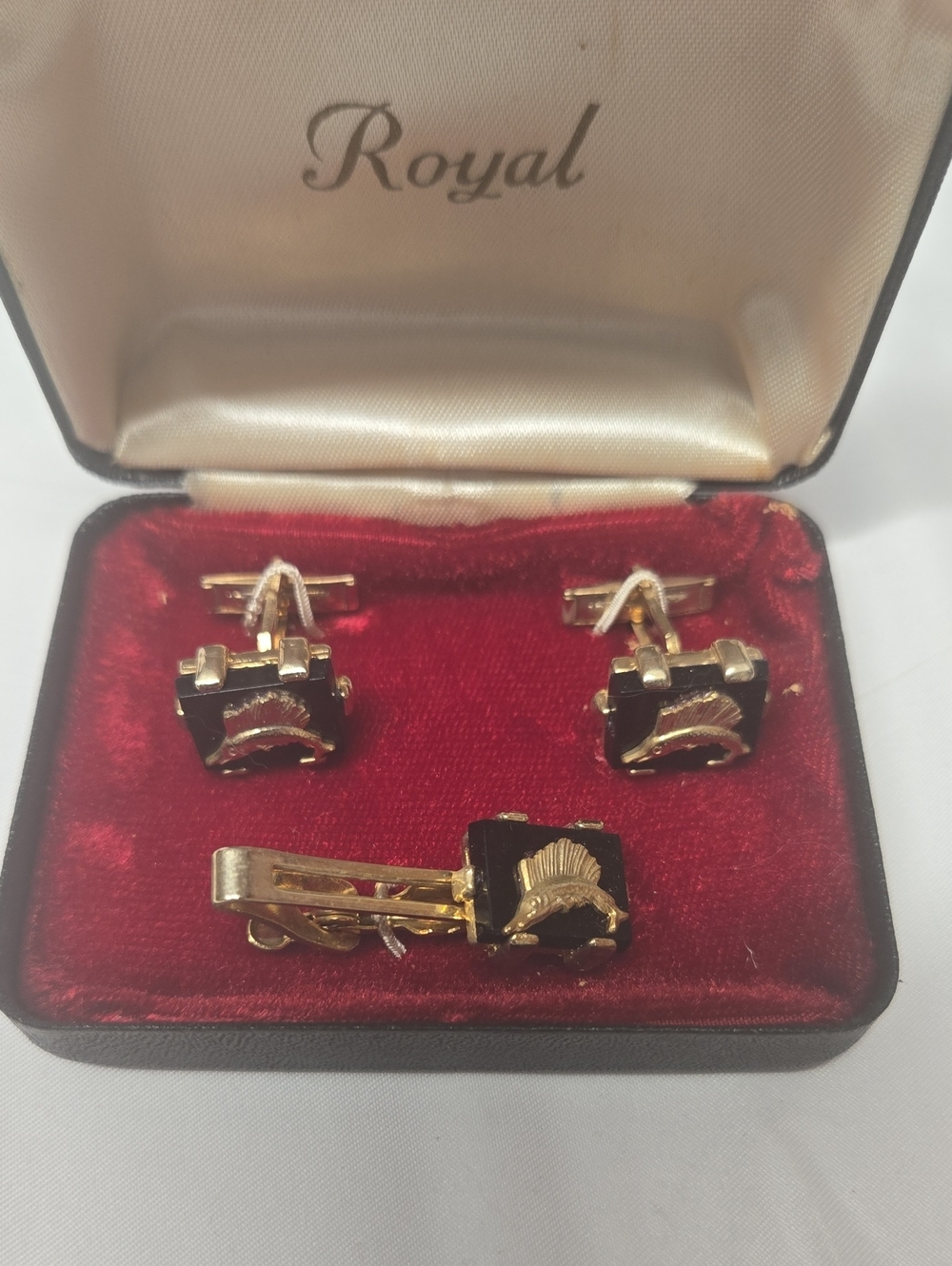 Royal Black and Gold Sailfish Cufflinks with Matching Tie Clip Set for Men